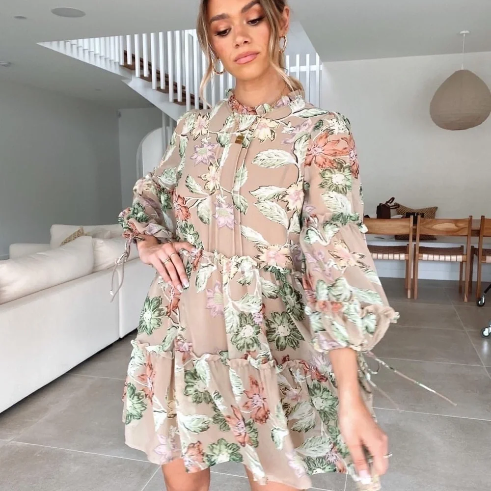 Princess Polly Eden Bloom Blush Floral Mini Beige Floral Ruffle Tiered Dress 0 - Picture 4 of 12